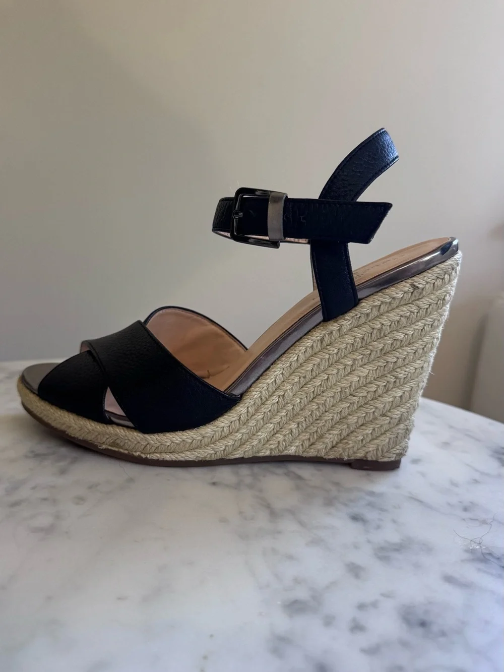 Cole Haan Hart Black Leather Espadrille Wedge Sandals - Women’s Size 5